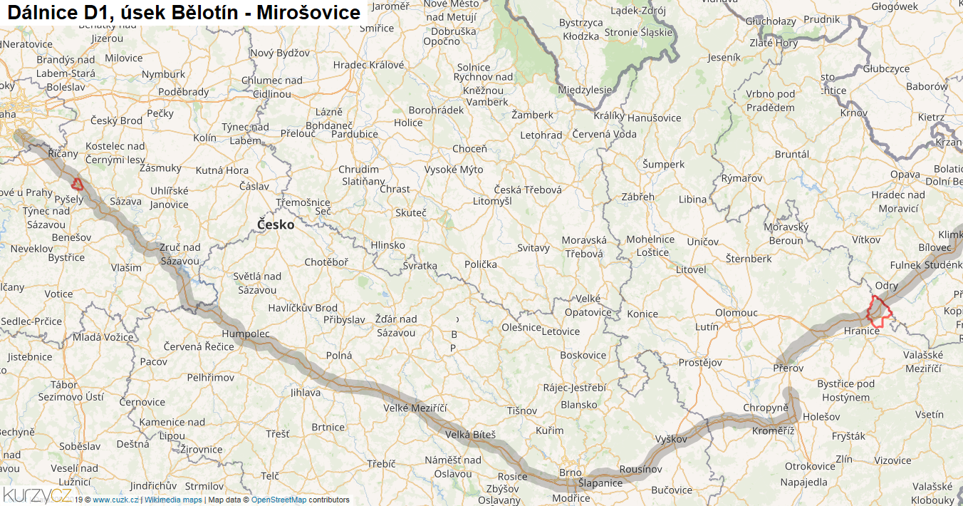 Úsek Bělotín - Mirošovice, Dálnice D1 - Mapa