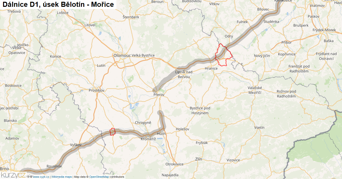 Úsek Bělotín - Mořice, Dálnice D1 - Mapa