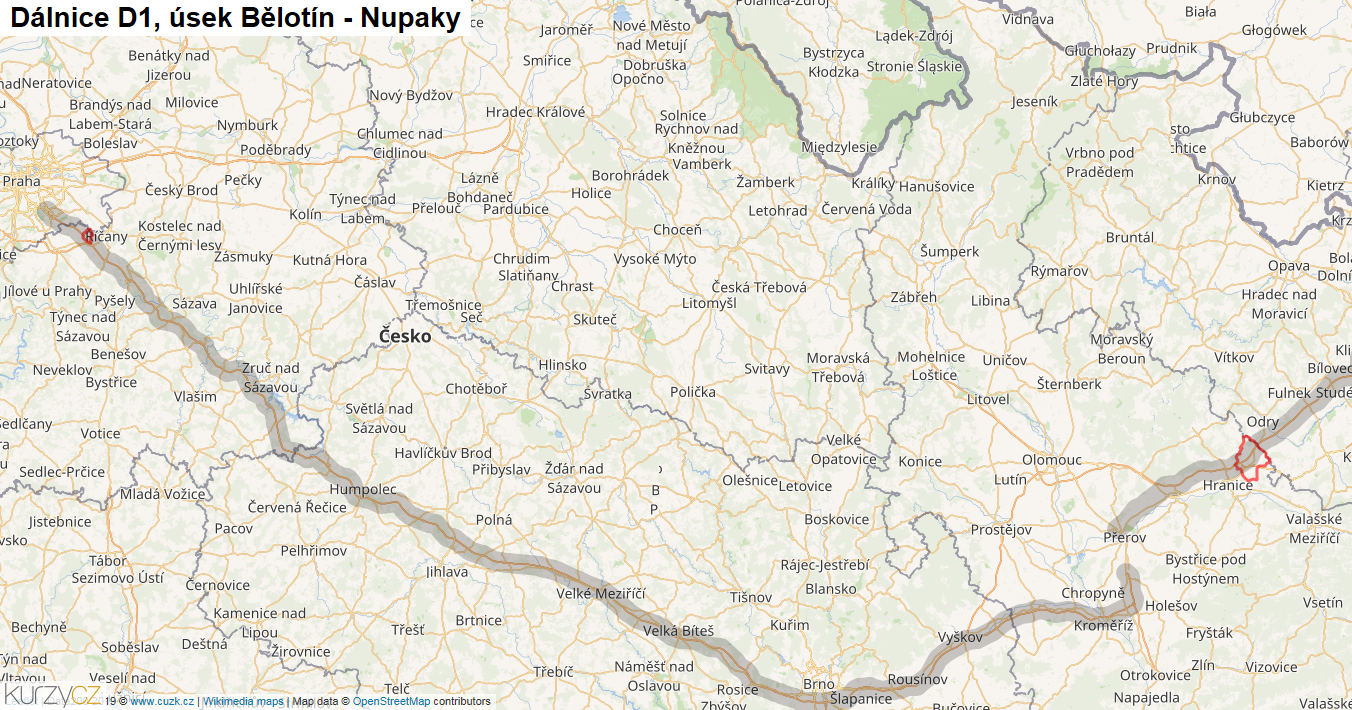 Úsek Bělotín - Nupaky, Dálnice D1 - Mapa