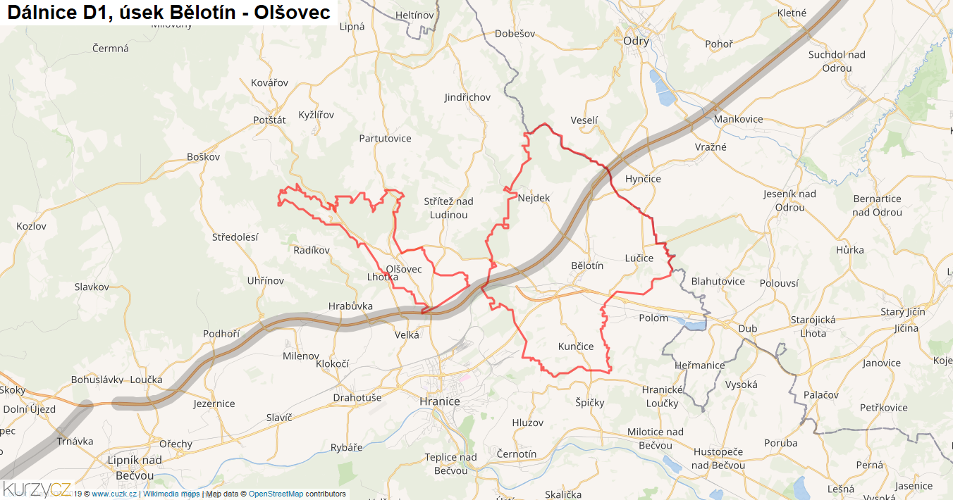 Úsek Bělotín - Olšovec, Dálnice D1 - Mapa