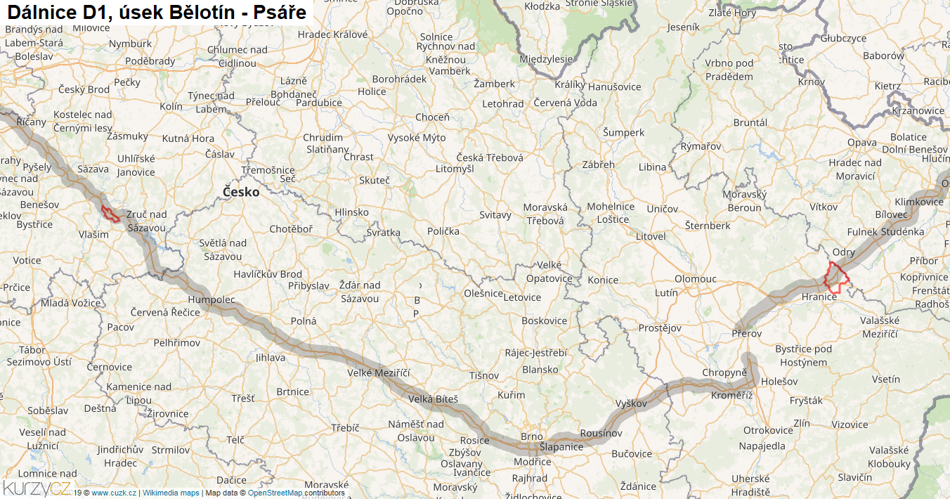 Úsek Bělotín - Psáře, Dálnice D1 - Mapa
