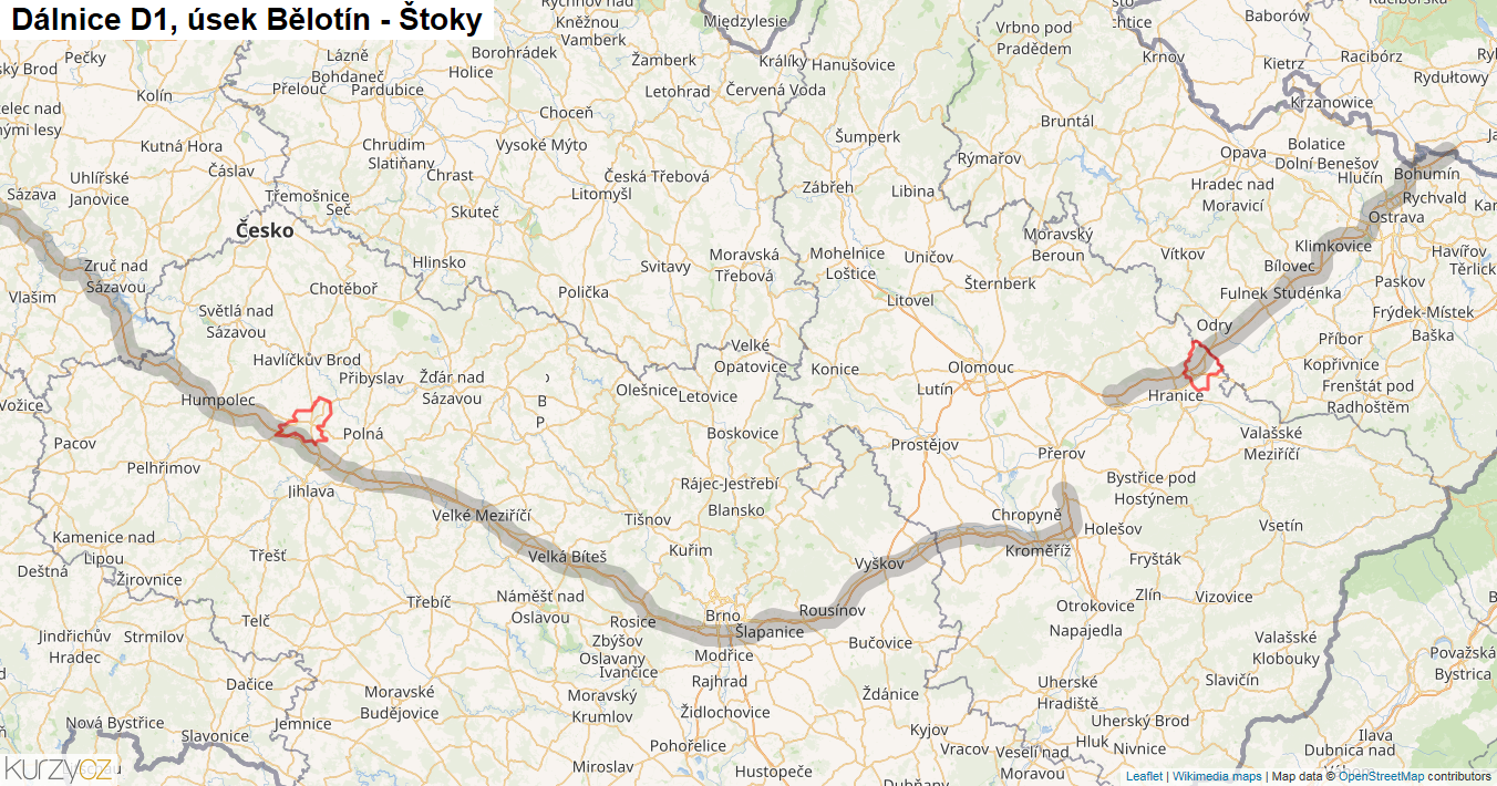 Úsek Bělotín - Štoky, Dálnice D1 - Mapa