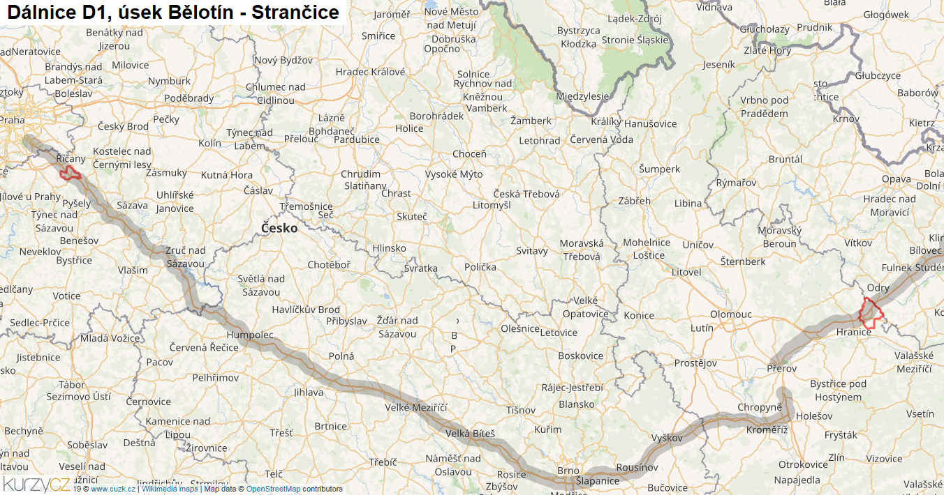 Úsek Bělotín - Strančice, Dálnice D1 - Mapa