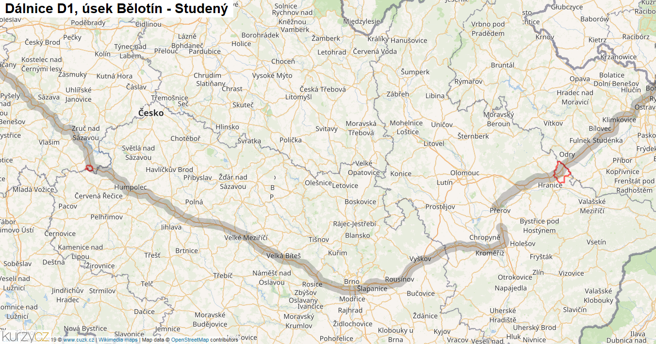 Úsek Bělotín - Studený, Dálnice D1 - Mapa