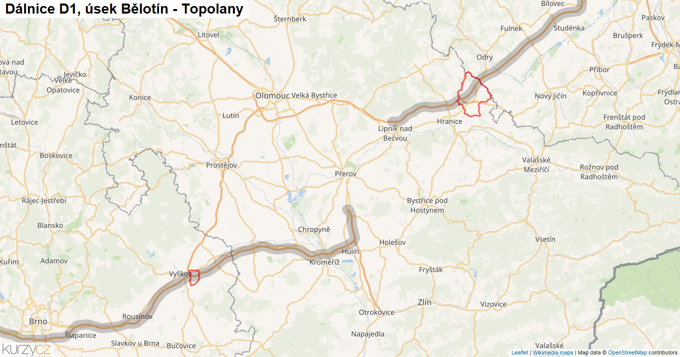 Úsek Bělotín - Topolany, Dálnice D1 - Mapa