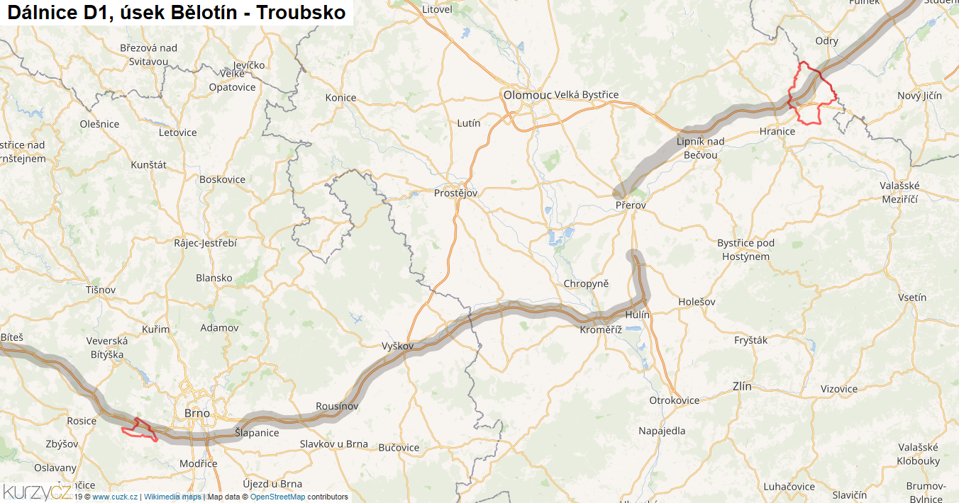 Úsek Bělotín - Troubsko, Dálnice D1 - Mapa