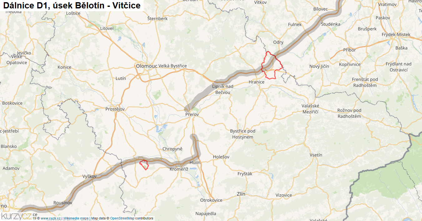 Úsek Bělotín - Vitčice, Dálnice D1 - Mapa