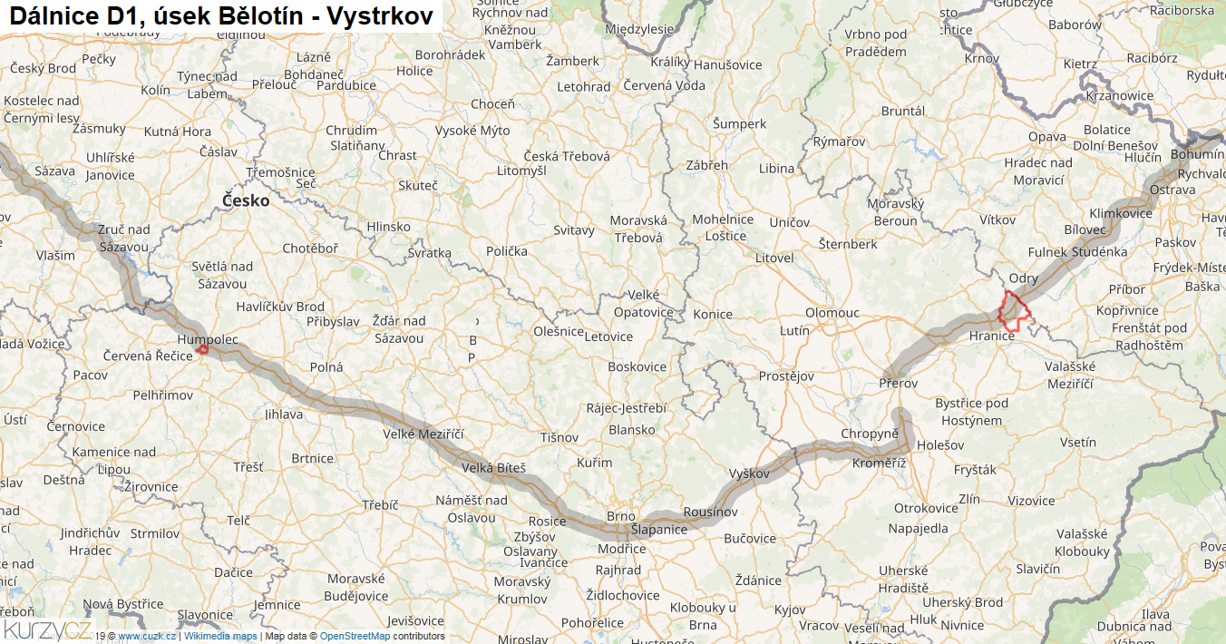 Úsek Bělotín - Vystrkov, Dálnice D1 - Mapa