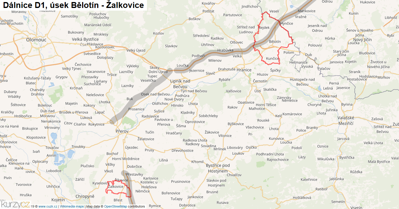 Úsek Bělotín - Žalkovice, Dálnice D1 - Mapa