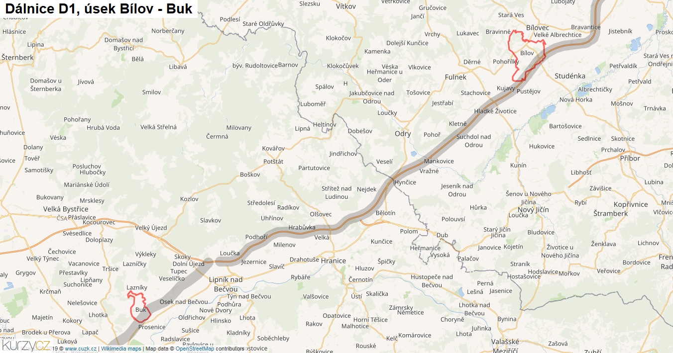 Úsek Bílov - Buk, Dálnice D1 - Mapa