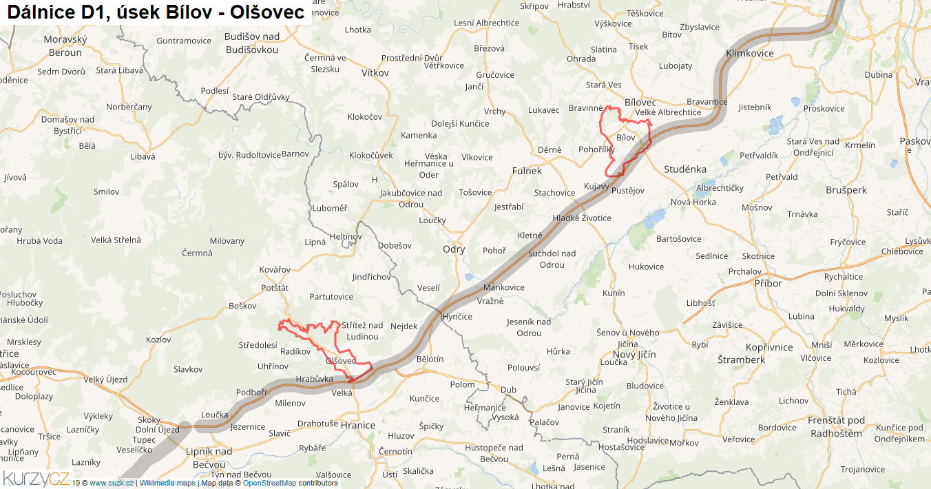Úsek Bílov - Olšovec, Dálnice D1 - Mapa