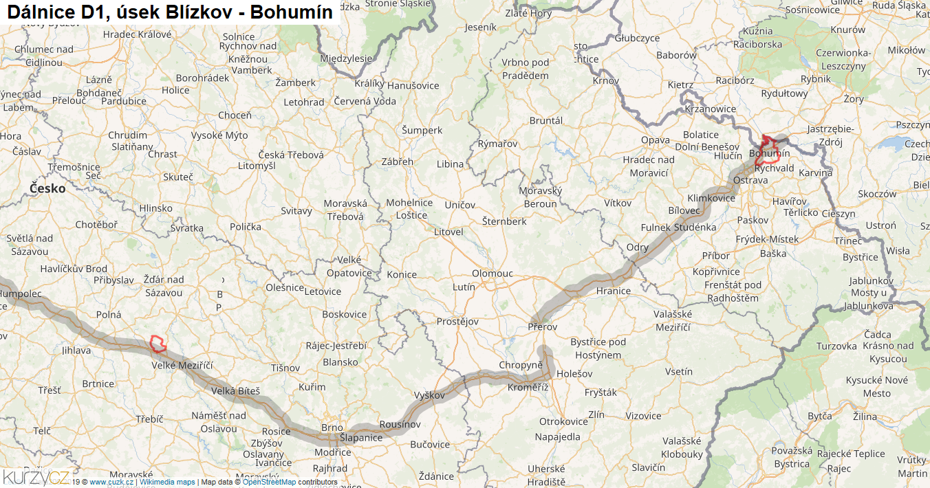 Úsek Blízkov - Bohumín, Dálnice D1 - Mapa