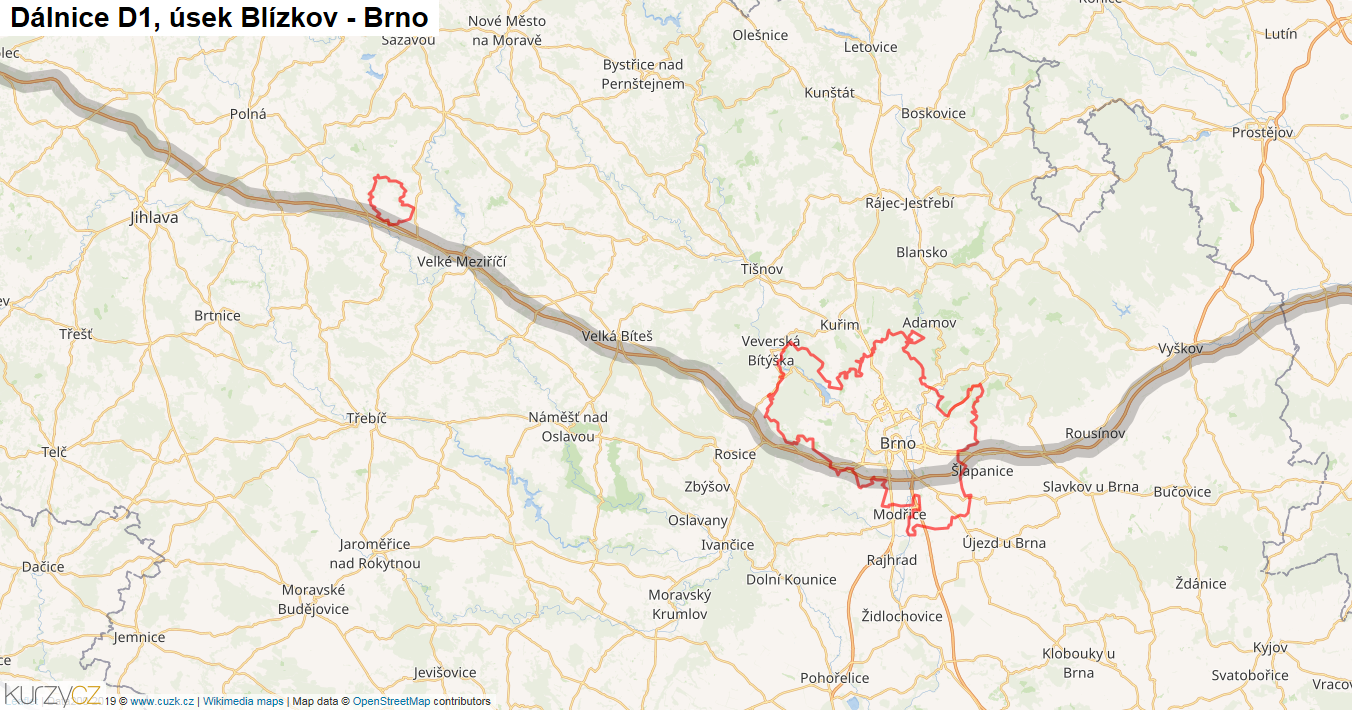 Úsek Blízkov - Brno, Dálnice D1 - Mapa