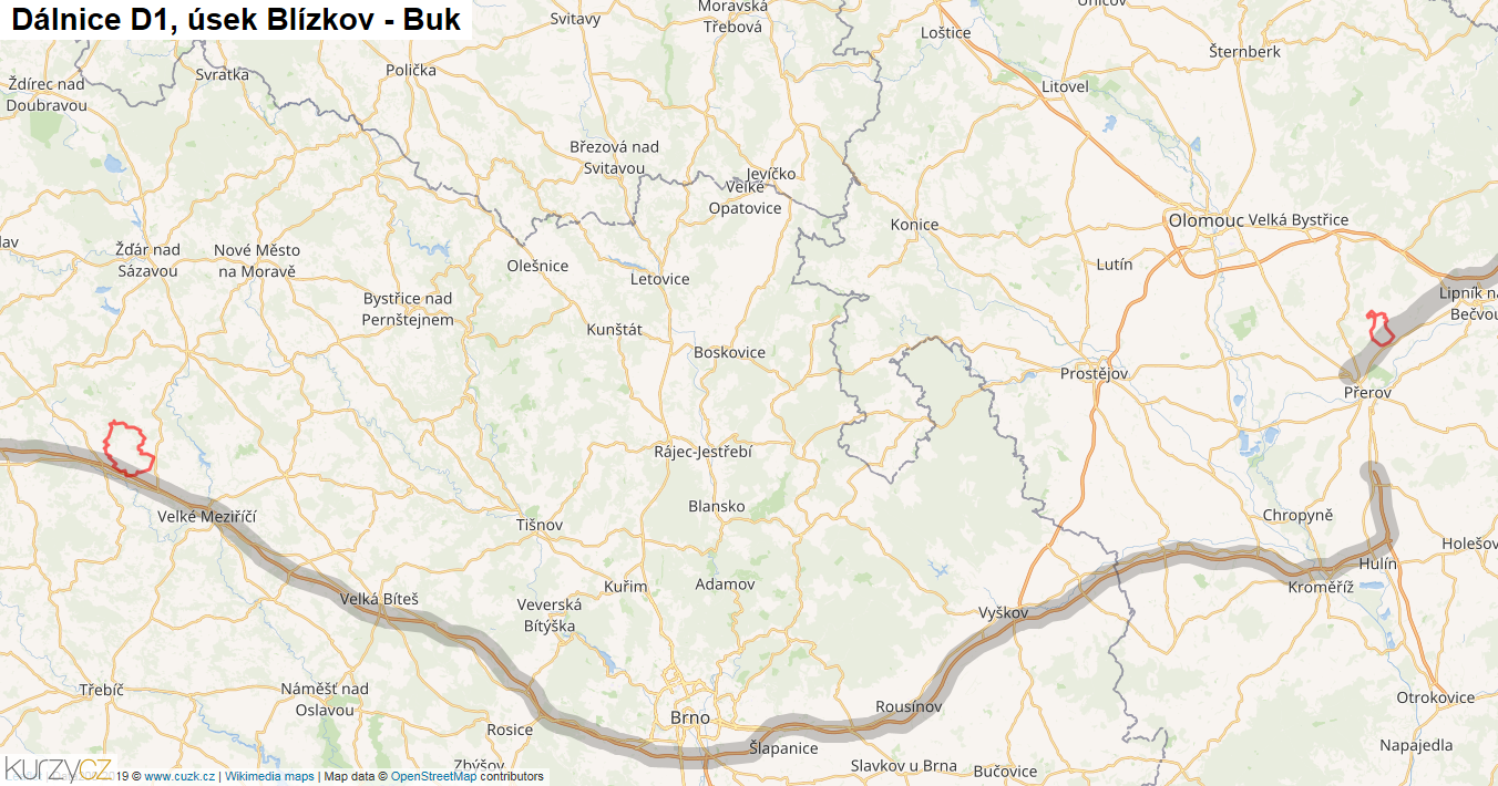 Úsek Blízkov - Buk, Dálnice D1 - Mapa