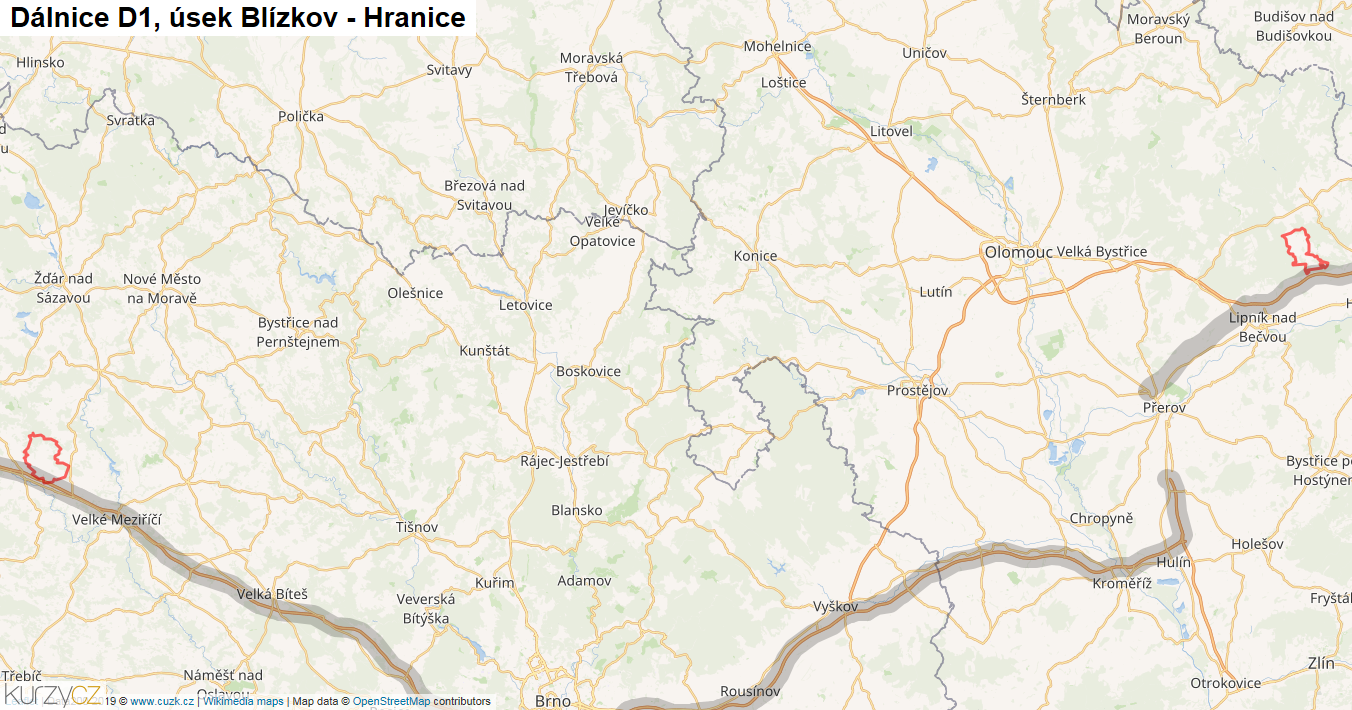 Úsek Blízkov - Hranice, Dálnice D1 - Mapa