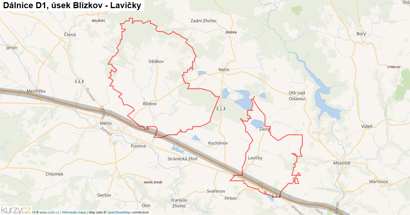Úsek Blízkov - Lavičky, Dálnice D1 - Mapa