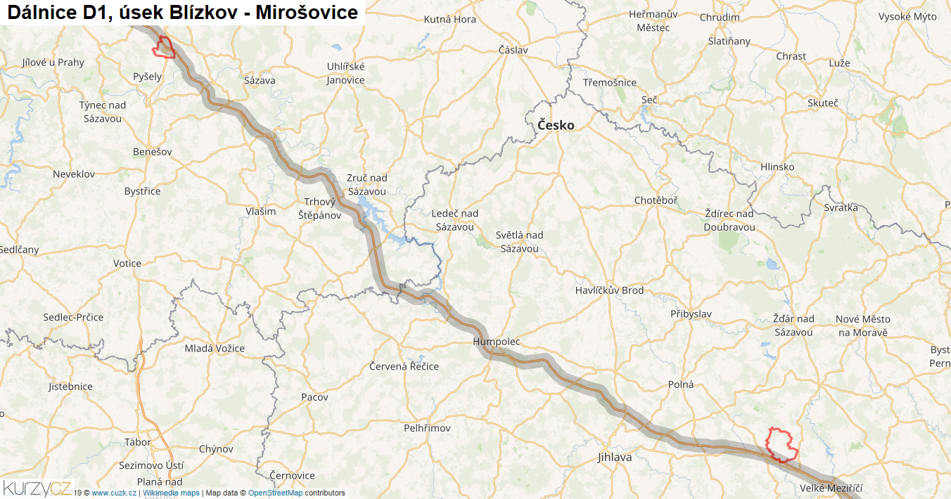 Úsek Blízkov - Mirošovice, Dálnice D1 - Mapa