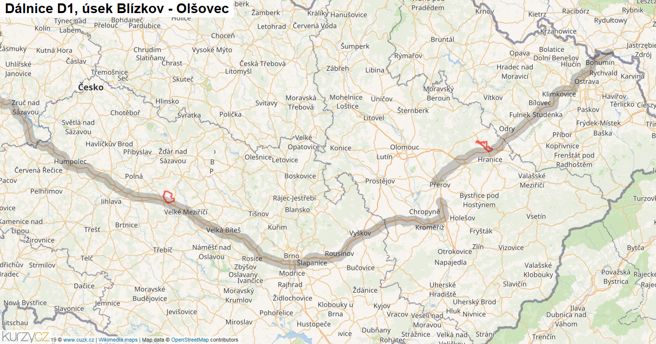 Úsek Blízkov - Olšovec, Dálnice D1 - Mapa