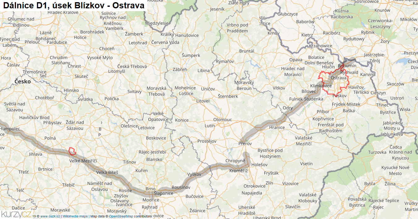 Úsek Blízkov - Ostrava, Dálnice D1 - Mapa