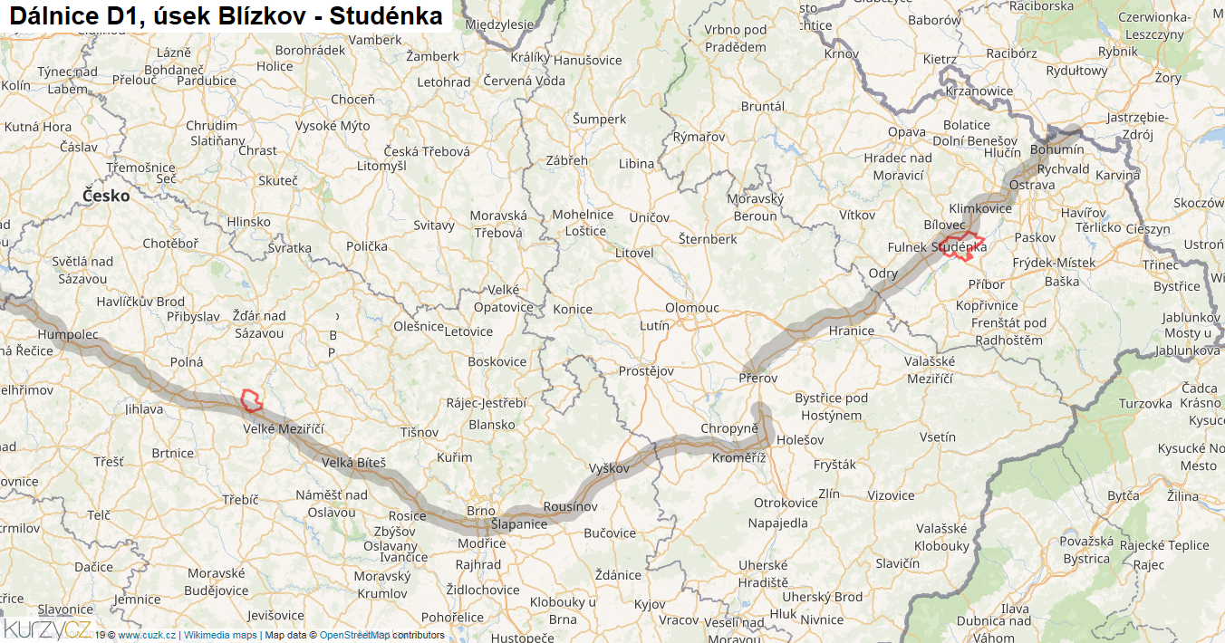 Úsek Blízkov - Studénka, Dálnice D1 - Mapa