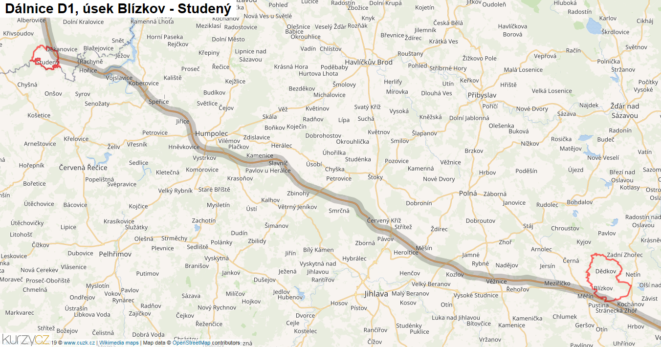Úsek Blízkov - Studený, Dálnice D1 - Mapa