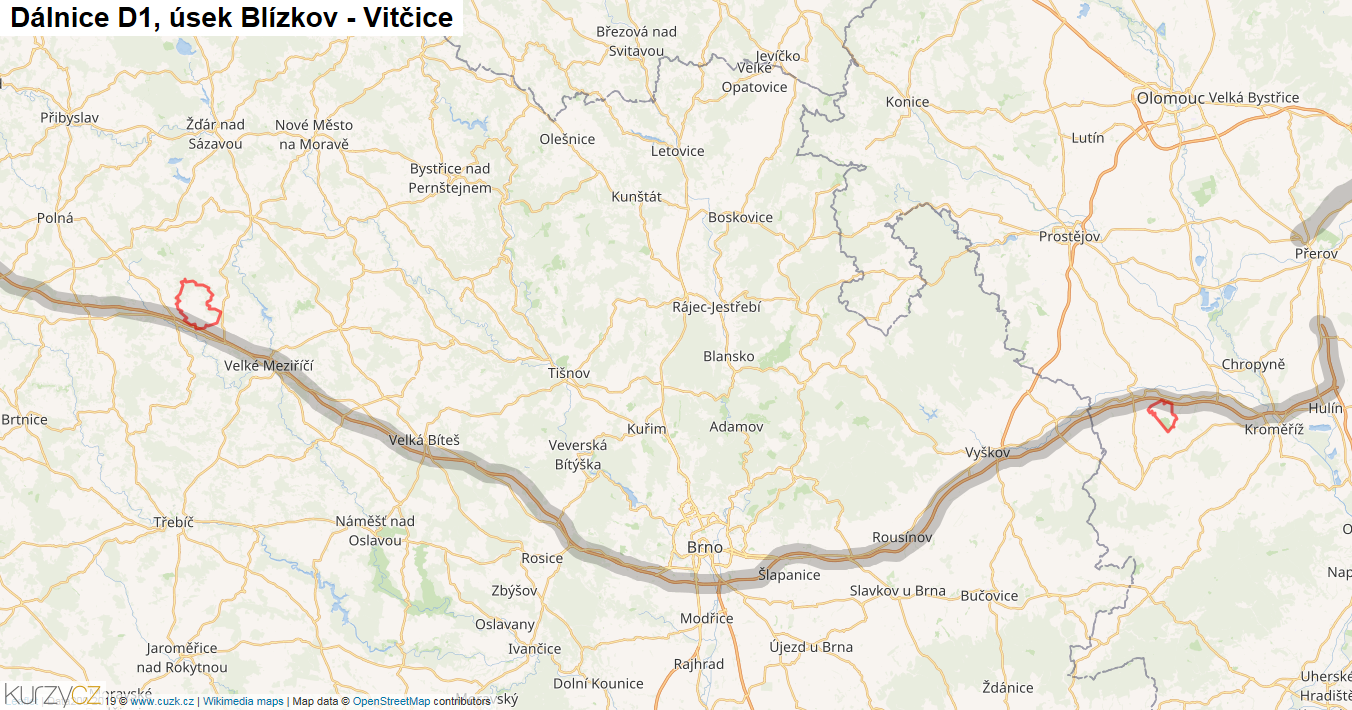 Úsek Blízkov - Vitčice, Dálnice D1 - Mapa