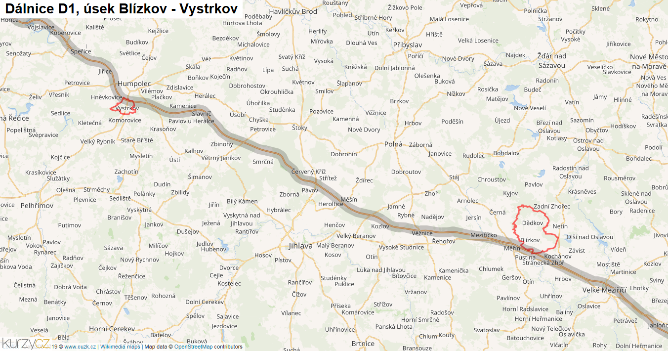 Úsek Blízkov - Vystrkov, Dálnice D1 - Mapa