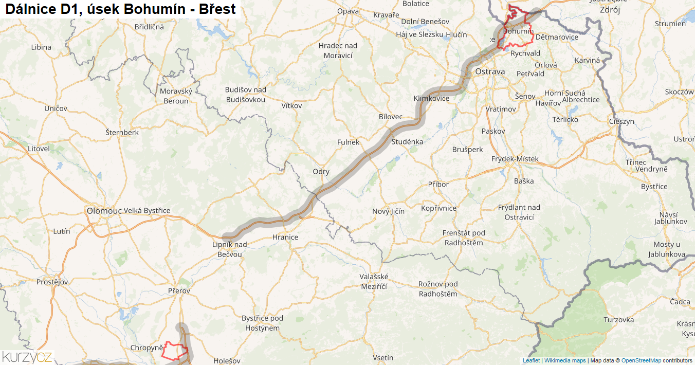 Úsek Bohumín - Břest, Dálnice D1 - Mapa