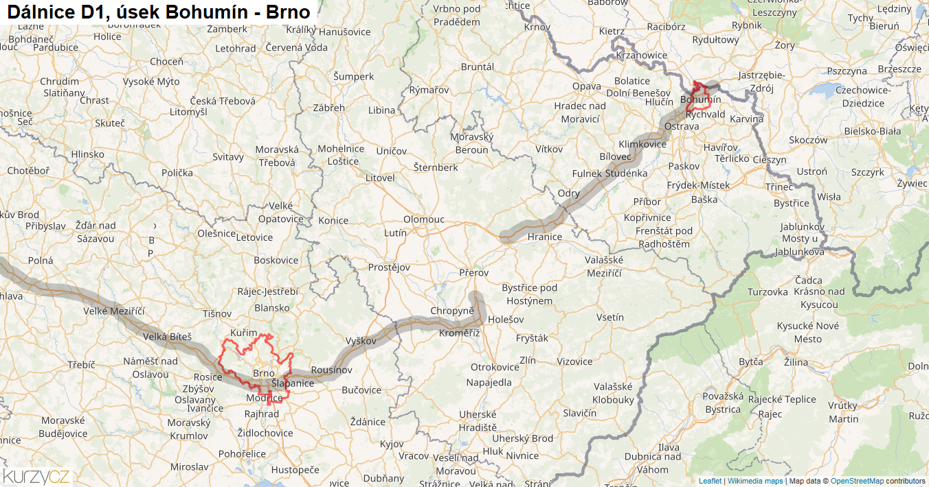 Úsek Bohumín - Brno, Dálnice D1 - Mapa