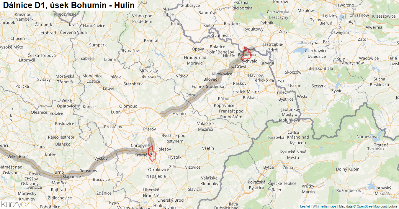 Úsek Bohumín - Hulín, Dálnice D1 - Mapa