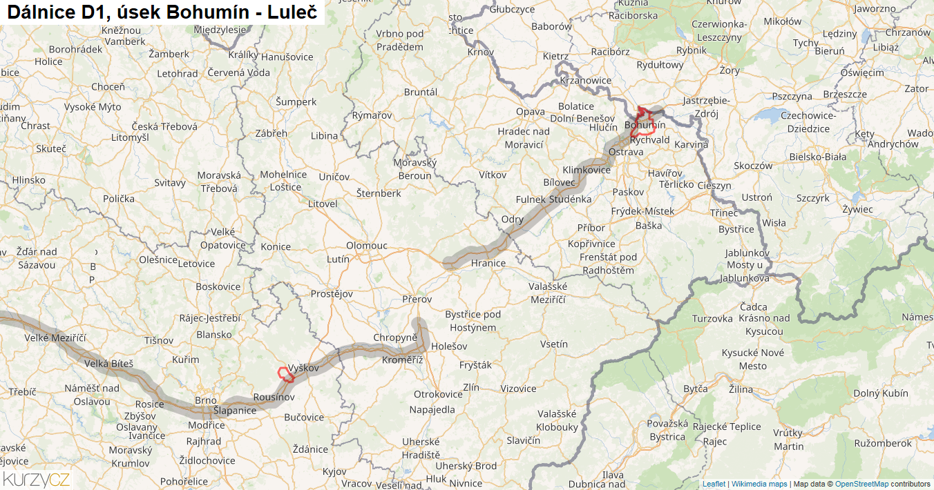 Úsek Bohumín - Luleč, Dálnice D1 - Mapa