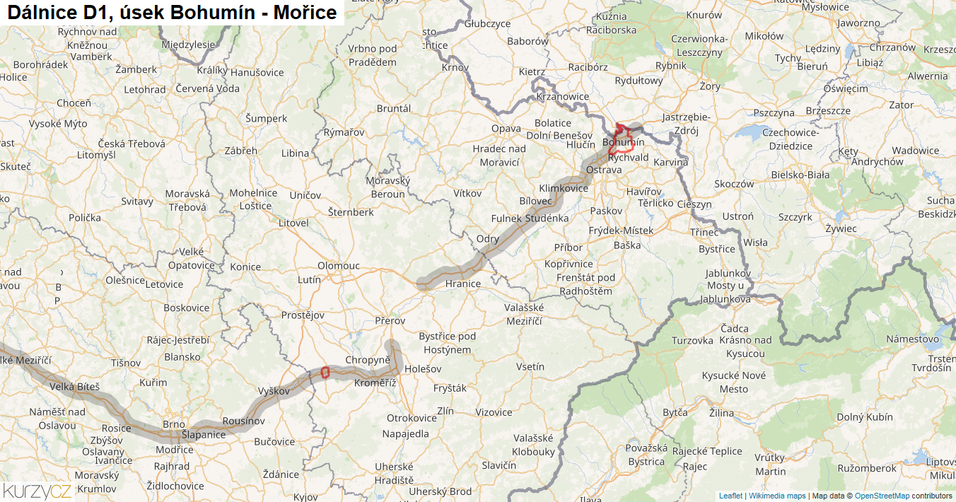 Úsek Bohumín - Mořice, Dálnice D1 - Mapa