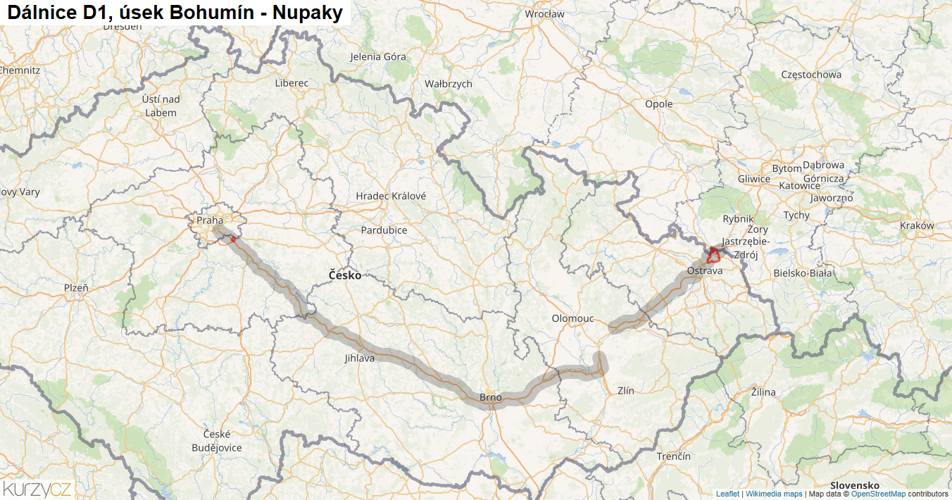 Úsek Bohumín - Nupaky, Dálnice D1 - Mapa