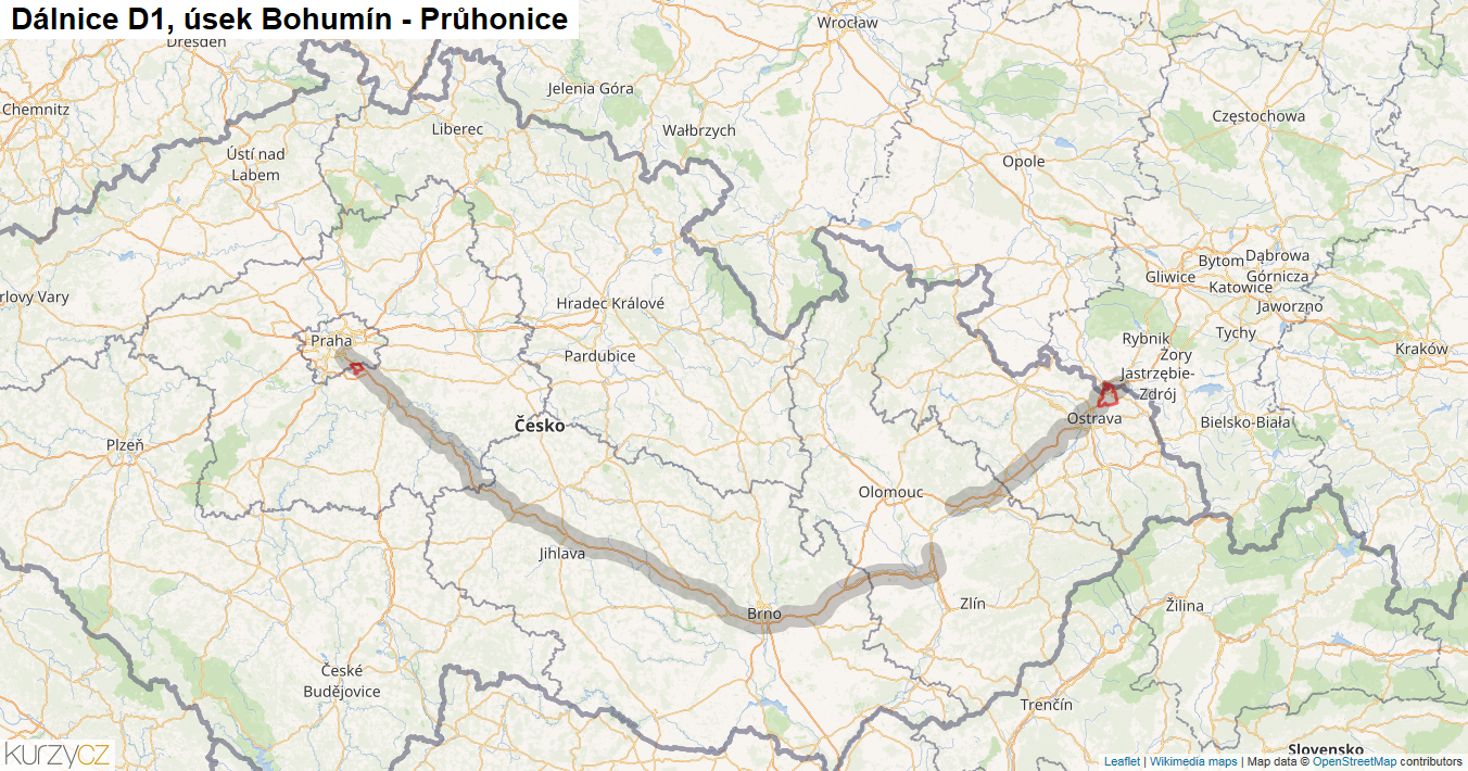 Úsek Bohumín - Průhonice, Dálnice D1 - Mapa