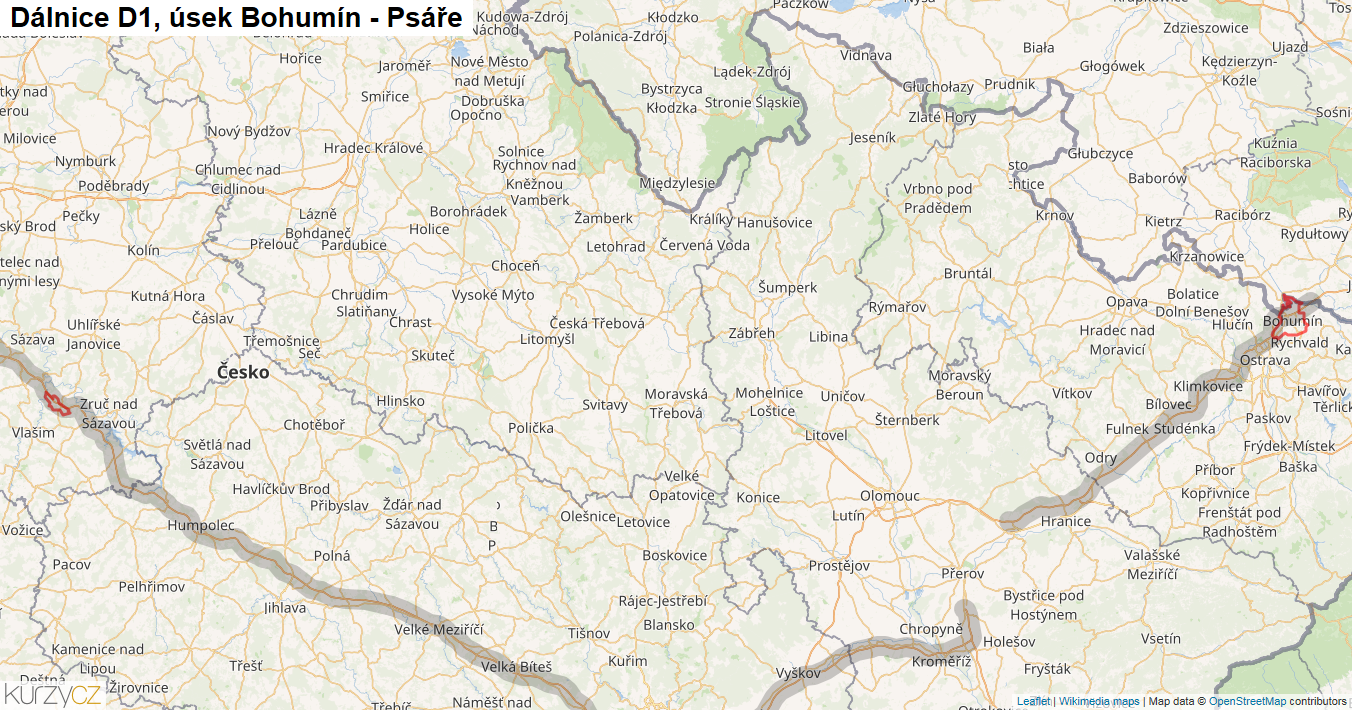Úsek Bohumín - Psáře, Dálnice D1 - Mapa