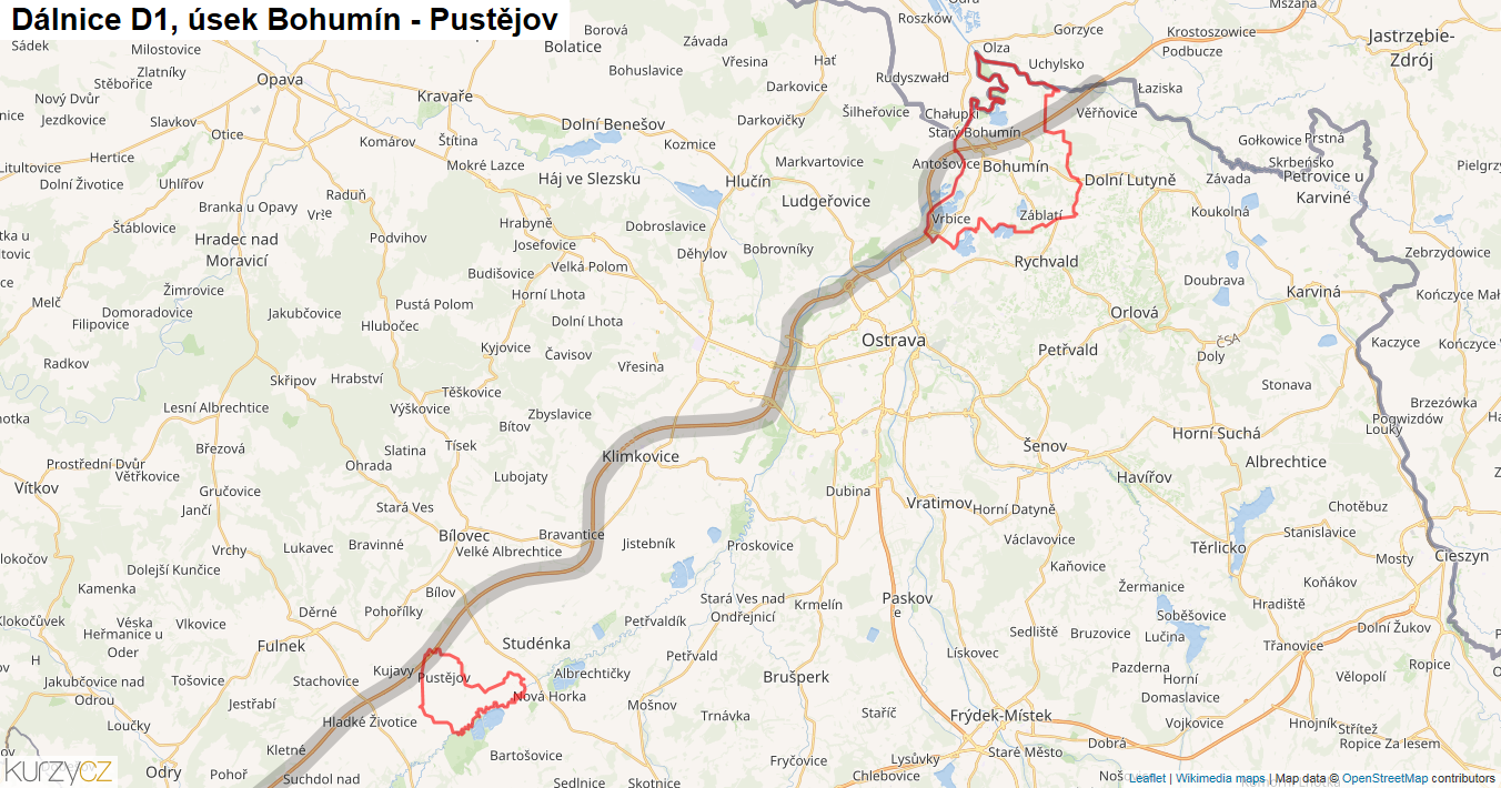 Úsek Bohumín - Pustějov, Dálnice D1 - Mapa
