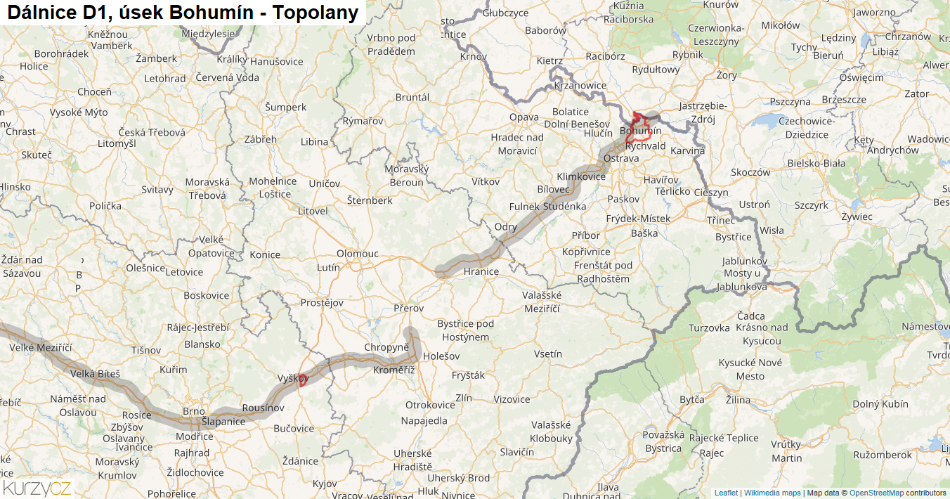 Úsek Bohumín - Topolany, Dálnice D1 - Mapa