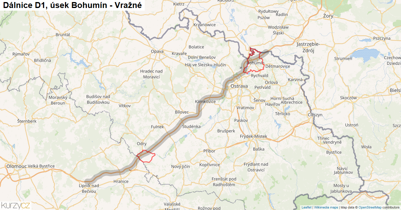 Úsek Bohumín - Vražné, Dálnice D1 - Mapa