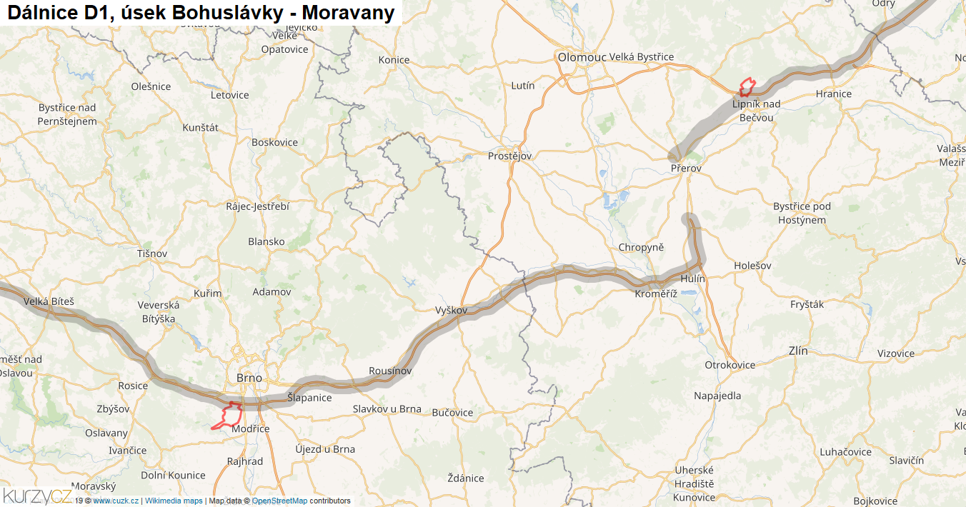 Úsek Bohuslávky - Moravany, Dálnice D1 - Mapa