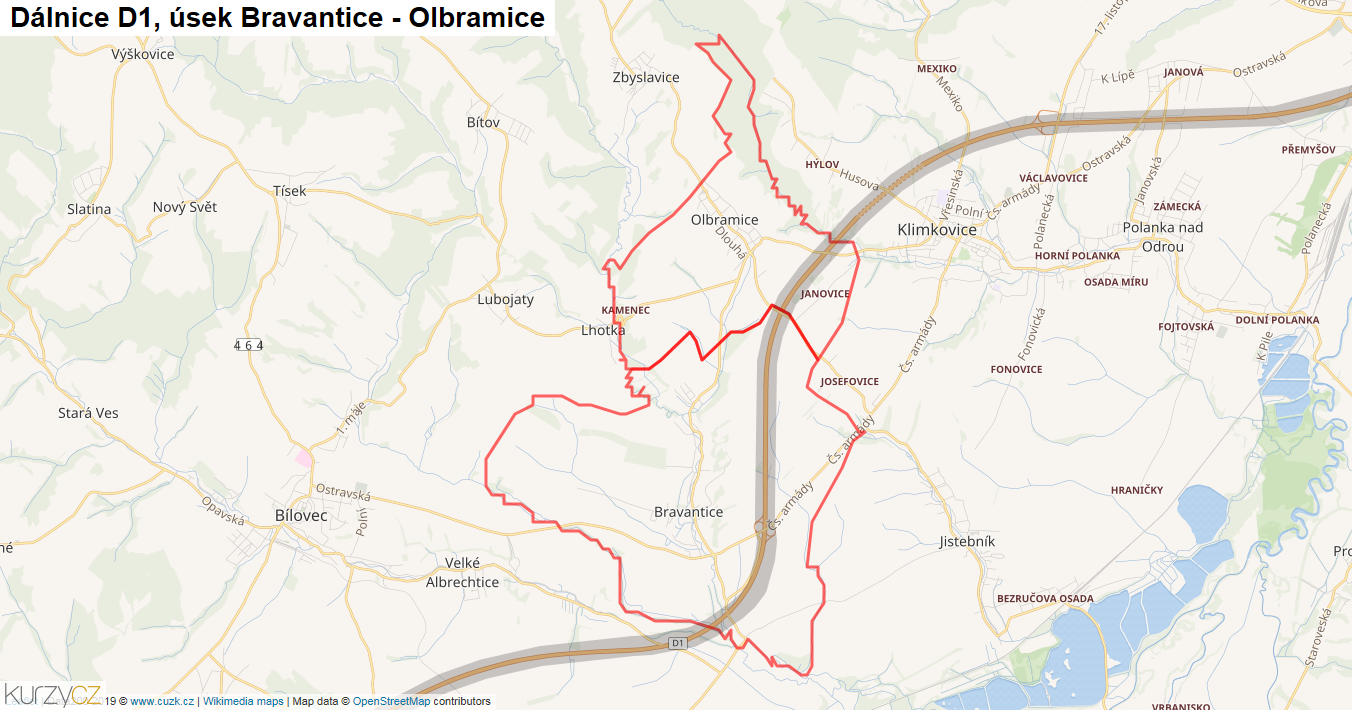 Úsek Bravantice - Olbramice, Dálnice D1 - Mapa