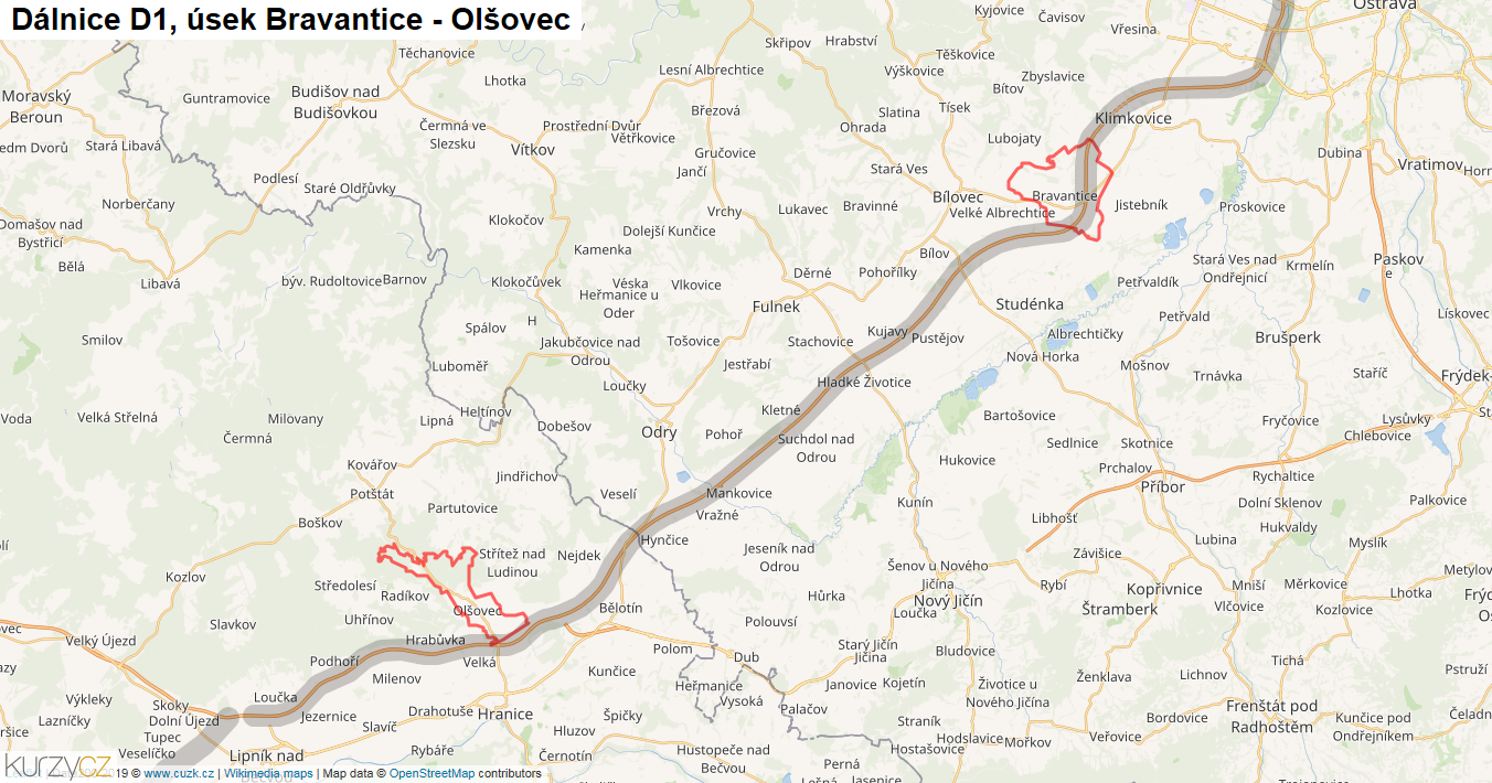 Úsek Bravantice - Olšovec, Dálnice D1 - Mapa