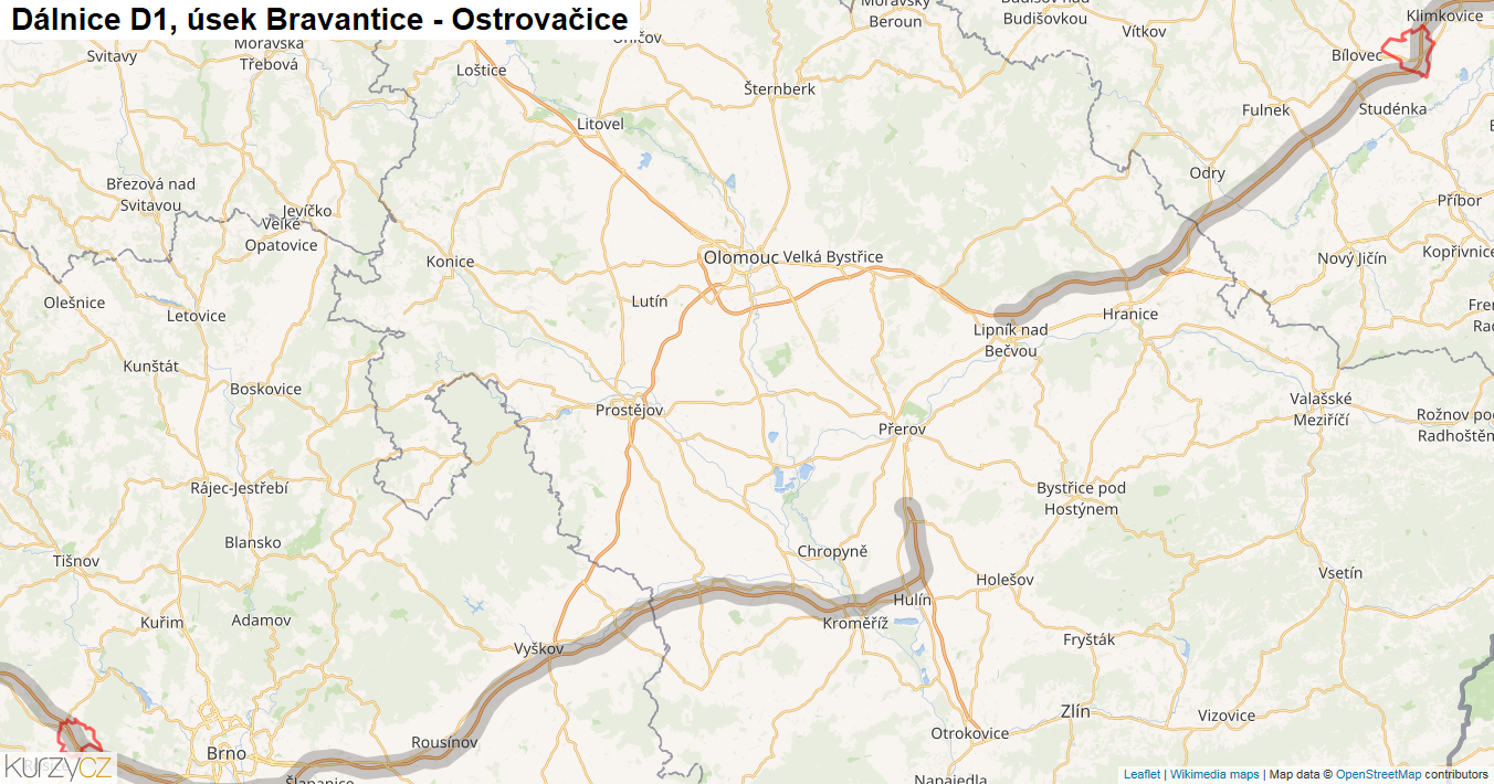 Úsek Bravantice - Ostrovačice, Dálnice D1 - Mapa