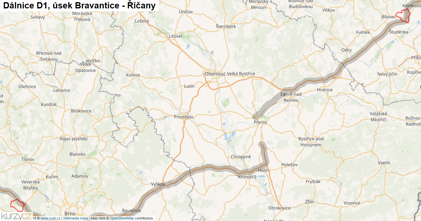 Úsek Bravantice - Říčany, Dálnice D1 - Mapa