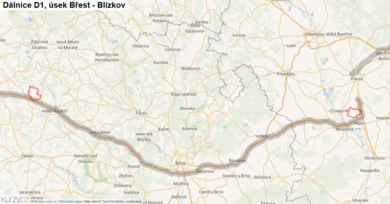 Úsek Břest - Blízkov, Dálnice D1 - Mapa