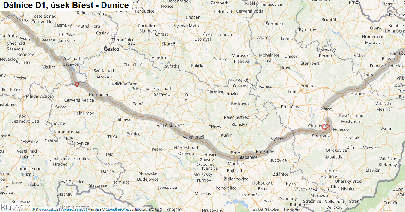 Úsek Břest - Dunice, Dálnice D1 - Mapa