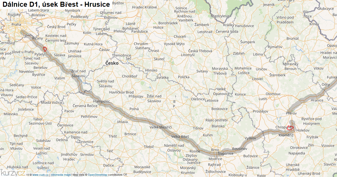 Úsek Břest - Hrusice, Dálnice D1 - Mapa
