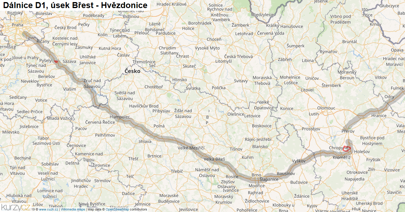 Úsek Břest - Hvězdonice, Dálnice D1 - Mapa