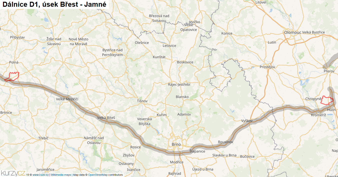 Úsek Břest - Jamné, Dálnice D1 - Mapa