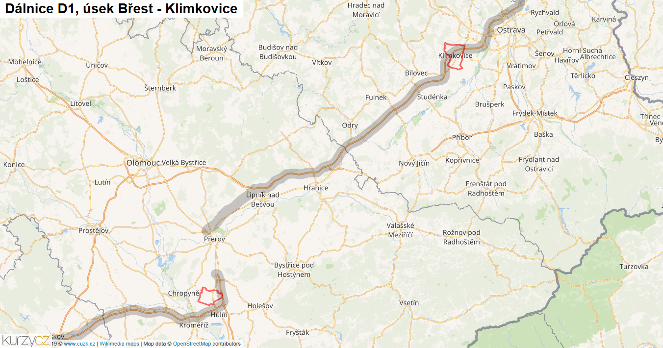 Úsek Břest - Klimkovice, Dálnice D1 - Mapa