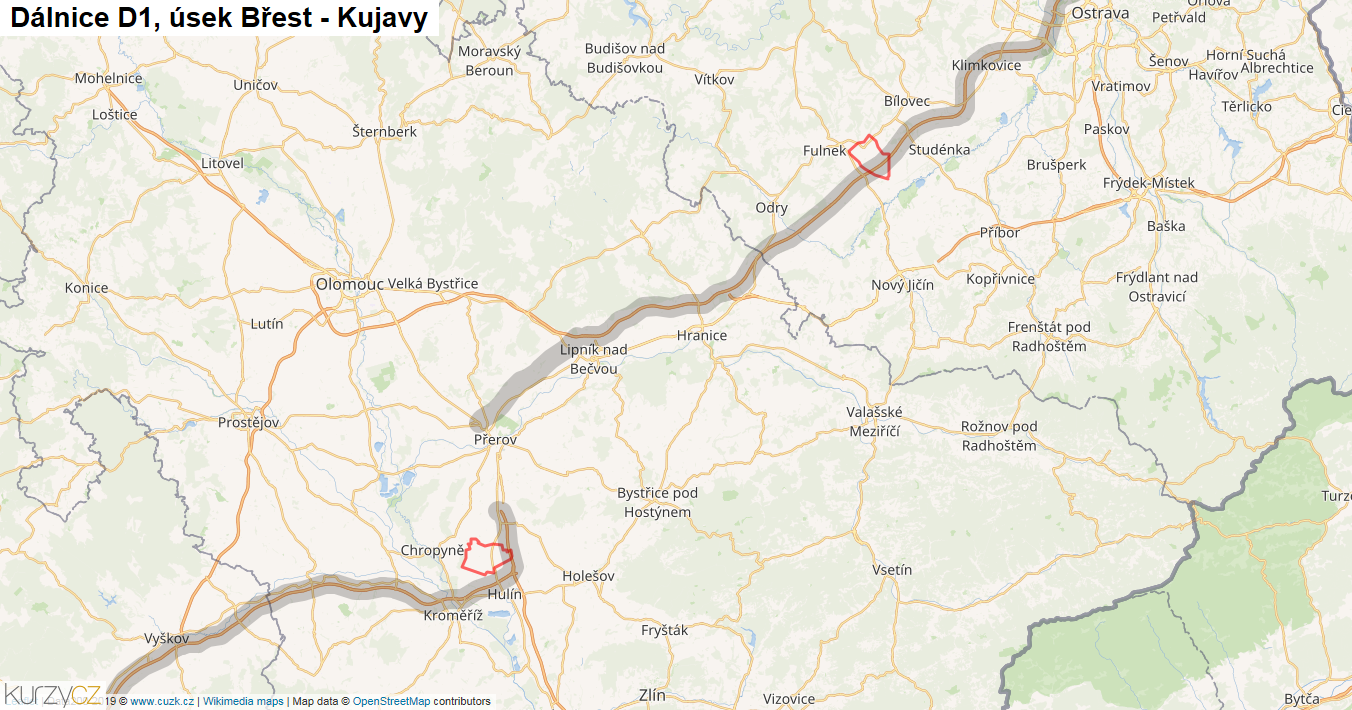 Úsek Břest - Kujavy, Dálnice D1 - Mapa